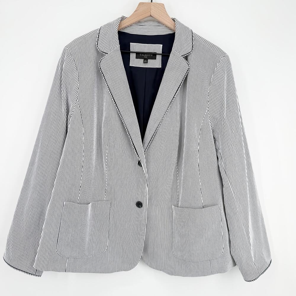 Talbots Navy White Stripe Blazer 16 Plus EUC Seersucker Nautical Coastal Career - Picture 8 of 13